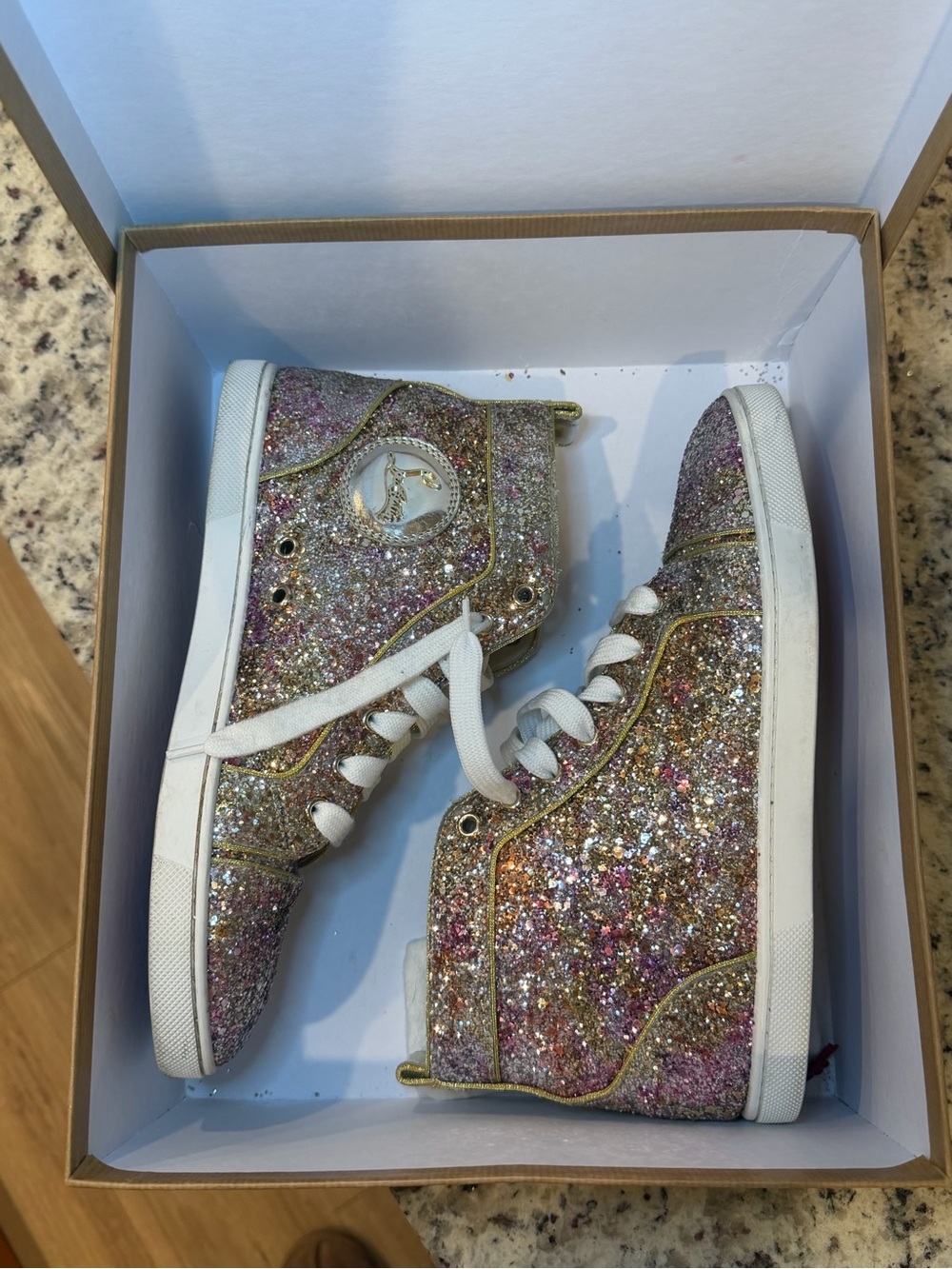 Christian Louboutin Bip Bip Woman Flat Glitter High-Top Sneakers Sz 38.5